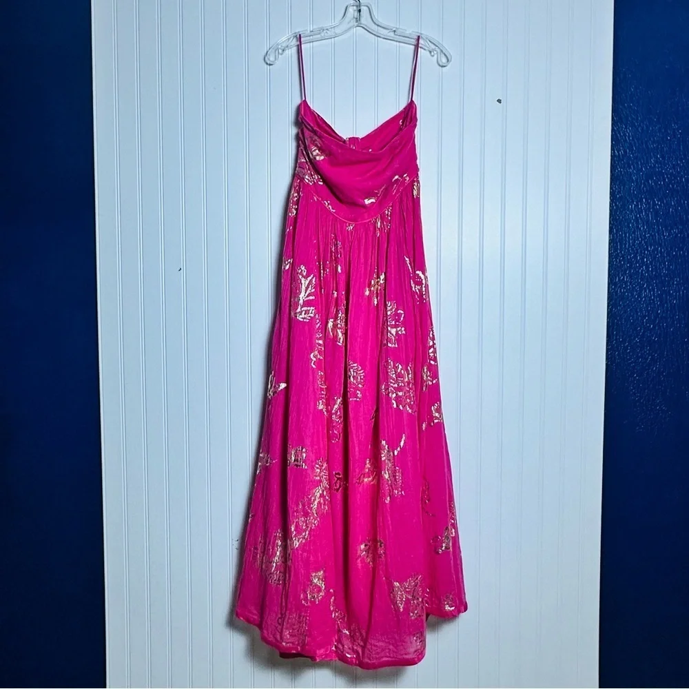 Free People Baja Babe Midi Dress Hot Pink Combo Metallic Gold XL Floral Cotton - Picture 5 of 14